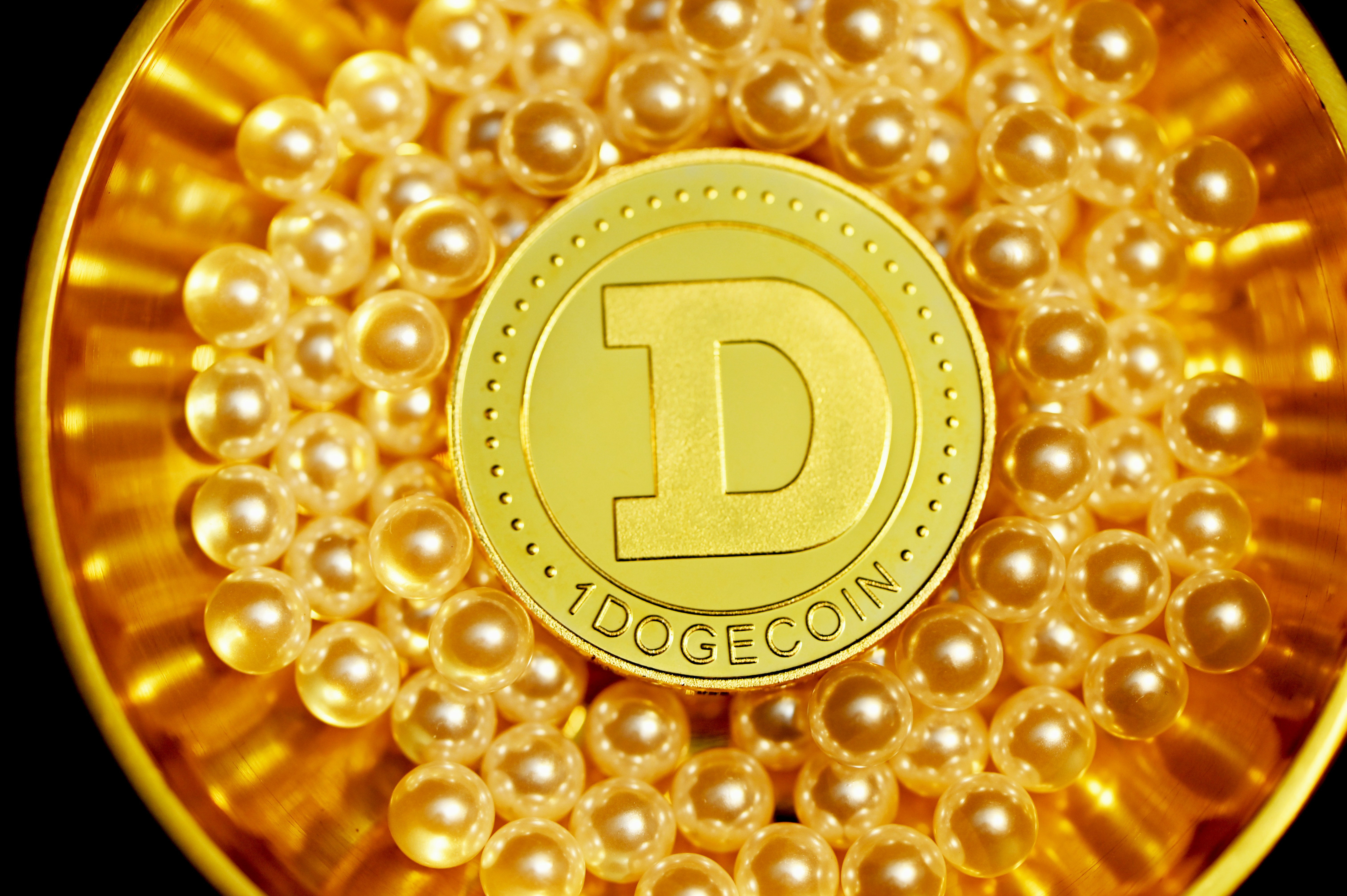 Dogecoin and pearls held in a golden bowl.